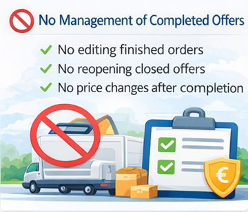 Ілюстрація показує, що водії не можуть редагувати або повторно відкривати завершені транспортні пропозиції на платформі ExusTrans